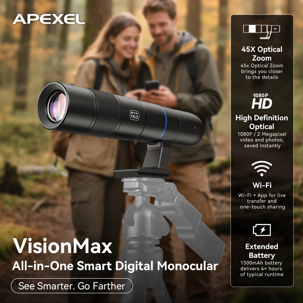 APEXEL 45X Optical Zoom VisionMax Allinone Portable Smart Digital Monocular Universal High Power Tele for Bird-watching Camping