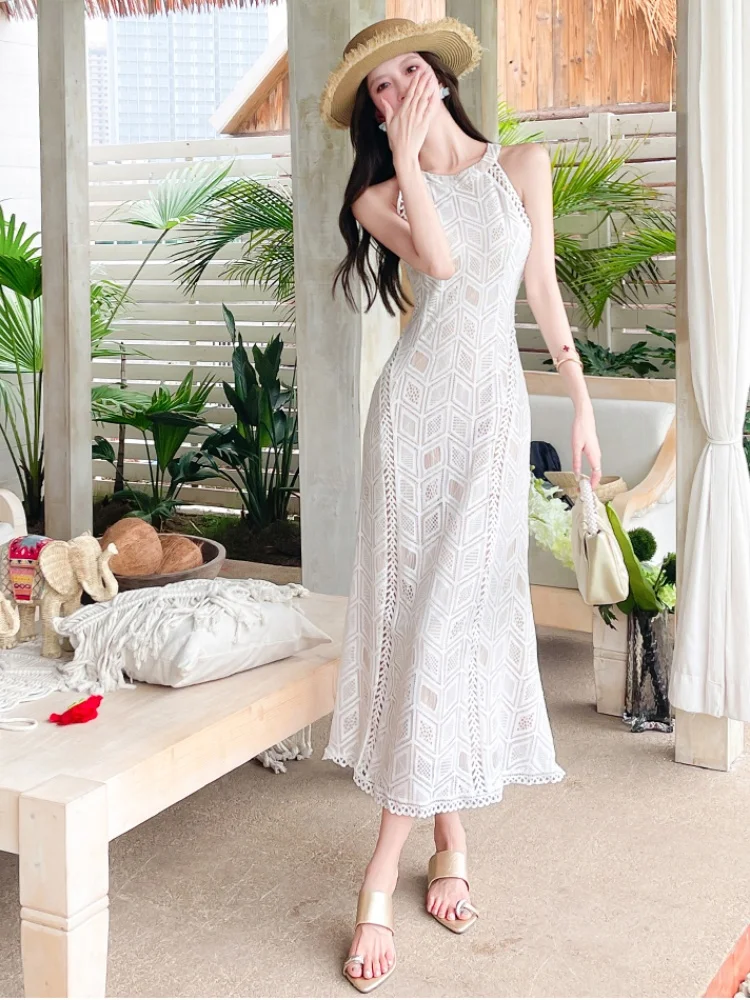 Sukienka damska z koronki, ażurowa, w kształcie litery A, z dekoltem typu O, bez rękawów, z wysokim stanem, elegancka, nowa odzież damska.