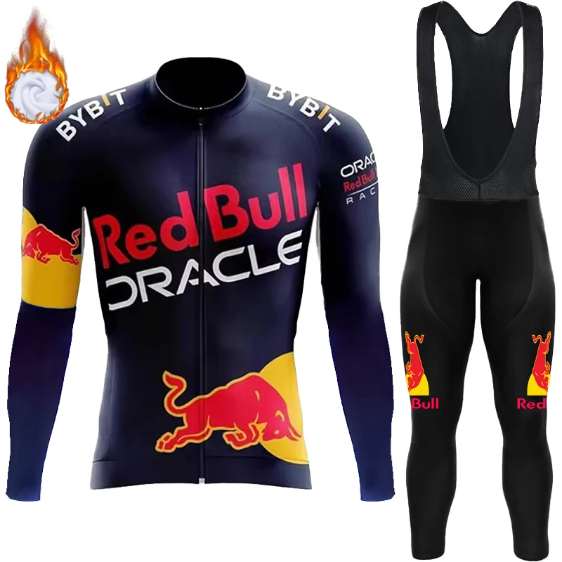 

Winter Thermal Fleece Cycling Jersey Red Bull Men's Suit Bib Outfit Set Team Tricuta Man Uniform Bike Clothing Bicycle Jerseys