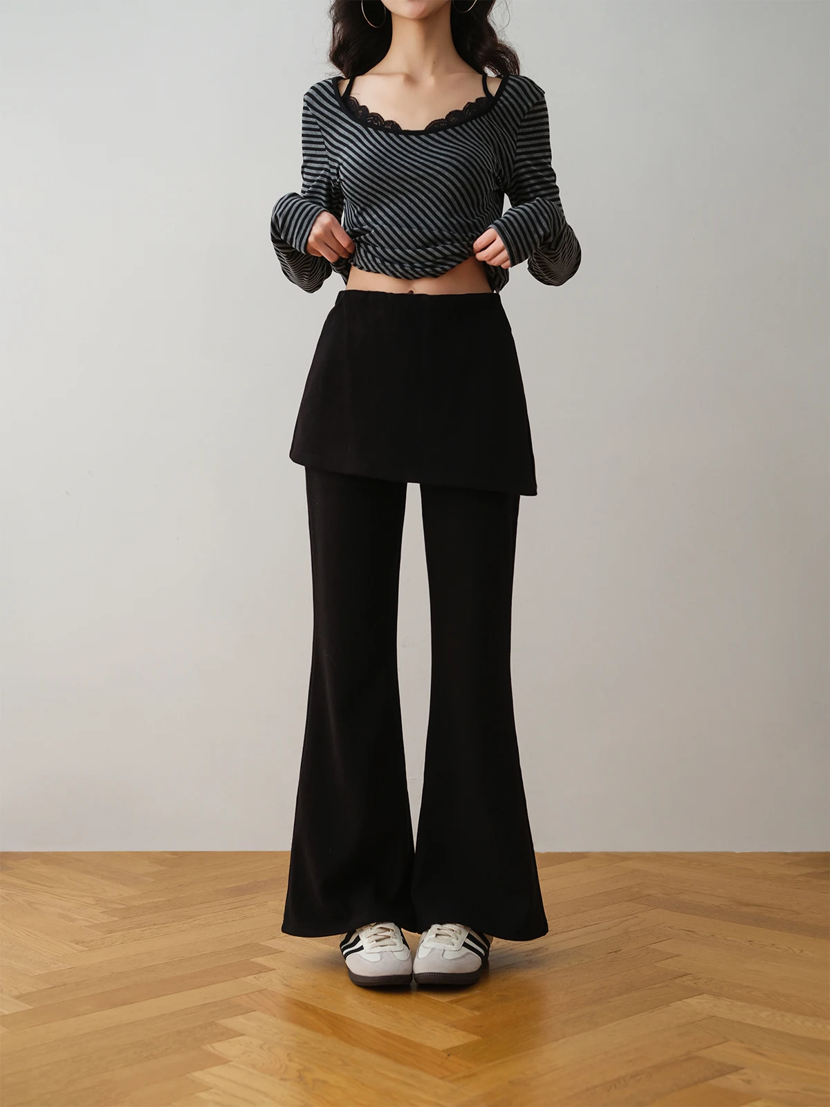 

Женские повседневные брюки с высокой талией и широкими штанинами в корейском стиле, весенне-осенние модные брюки RONRON из хлопковой смеси с эластаном