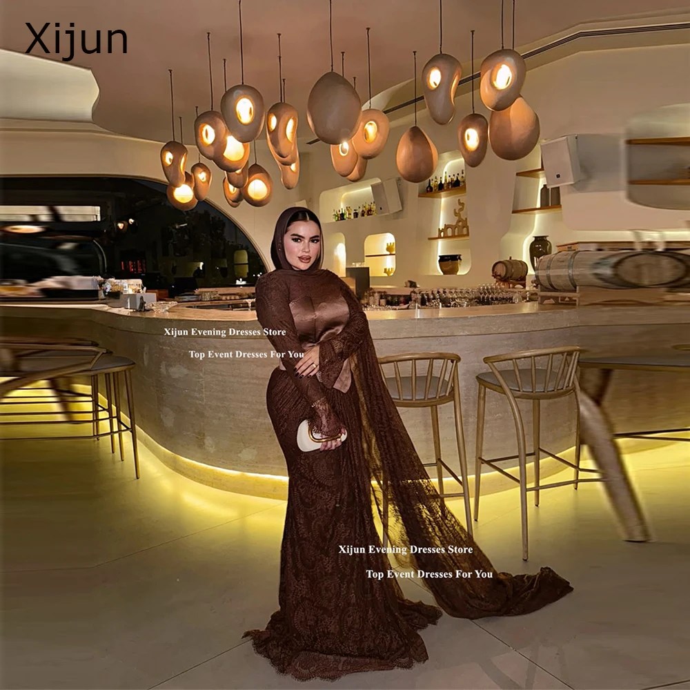 Xijun Luxury Brown Mermaid Evening Dresses Saudi Arabic Formal Long Prom Dresses Full Sleeves Pleated Prom Gowns 2026 Customized