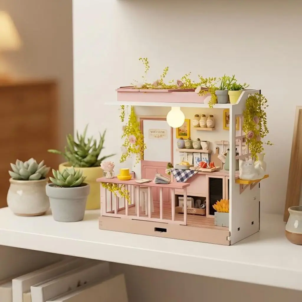 

Pastel Pink DIY Miniature House Kit, 3D Wooden Dollhouse with LED Light, Creative Handmade Model for Home Decor & Gift