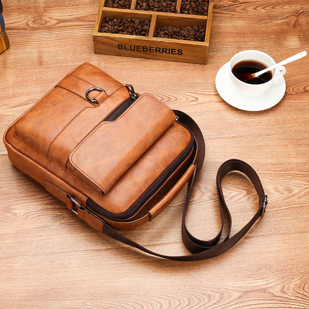 Male Handbags PU Leather Men Tote Bag Multi-pockets Casual Vintage Waterproof Portable Large Capacity for Weekend Vacation