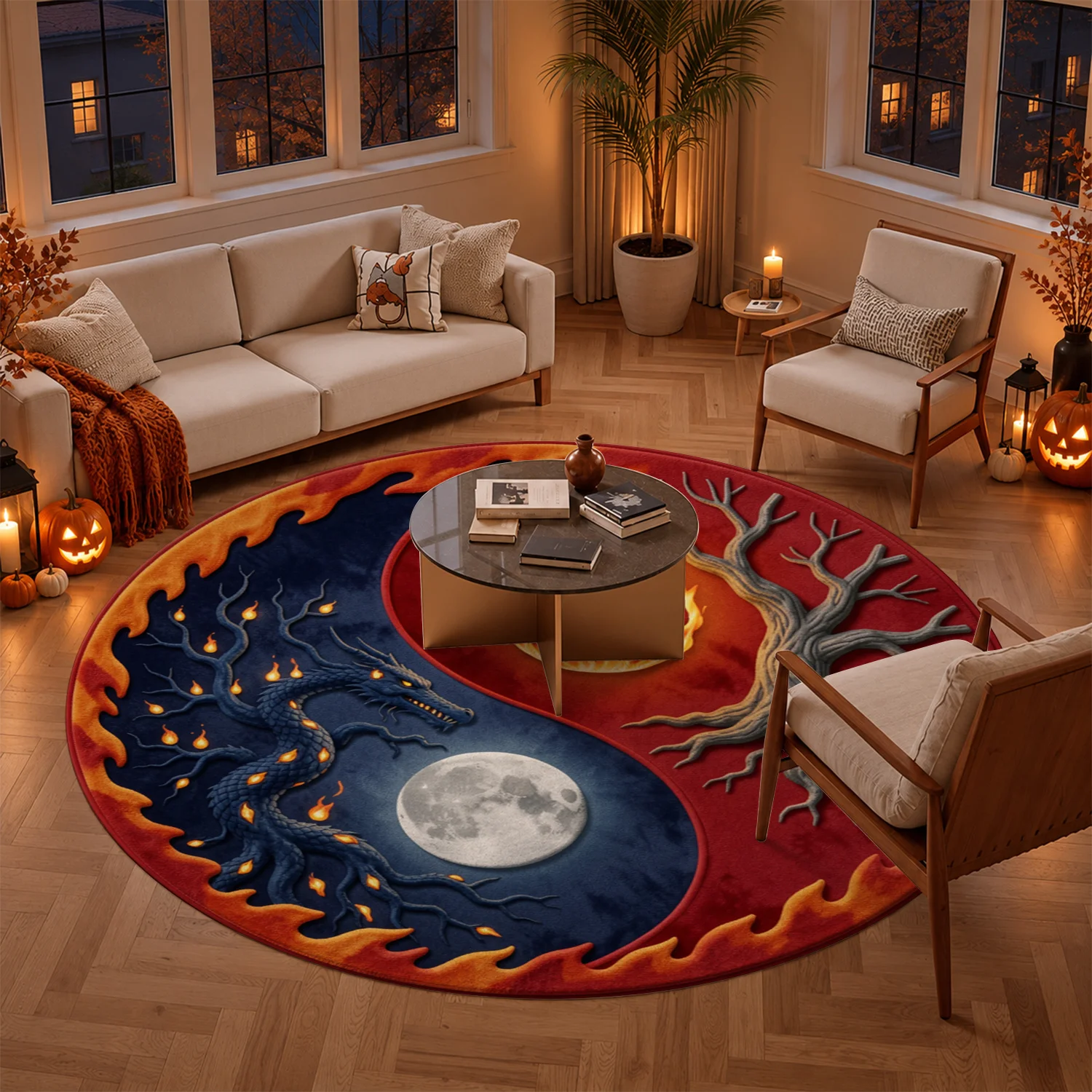 Yin Yang Dragon Moon Flame Tree Pattern Round Area Rug Velvet Fabric Machine Washable Soft Floor Mat for Living Room Bedroom Entryway Dining Room Ideal for Halloween Thanksgiving Black Friday Christmas New Year Holiday Decor