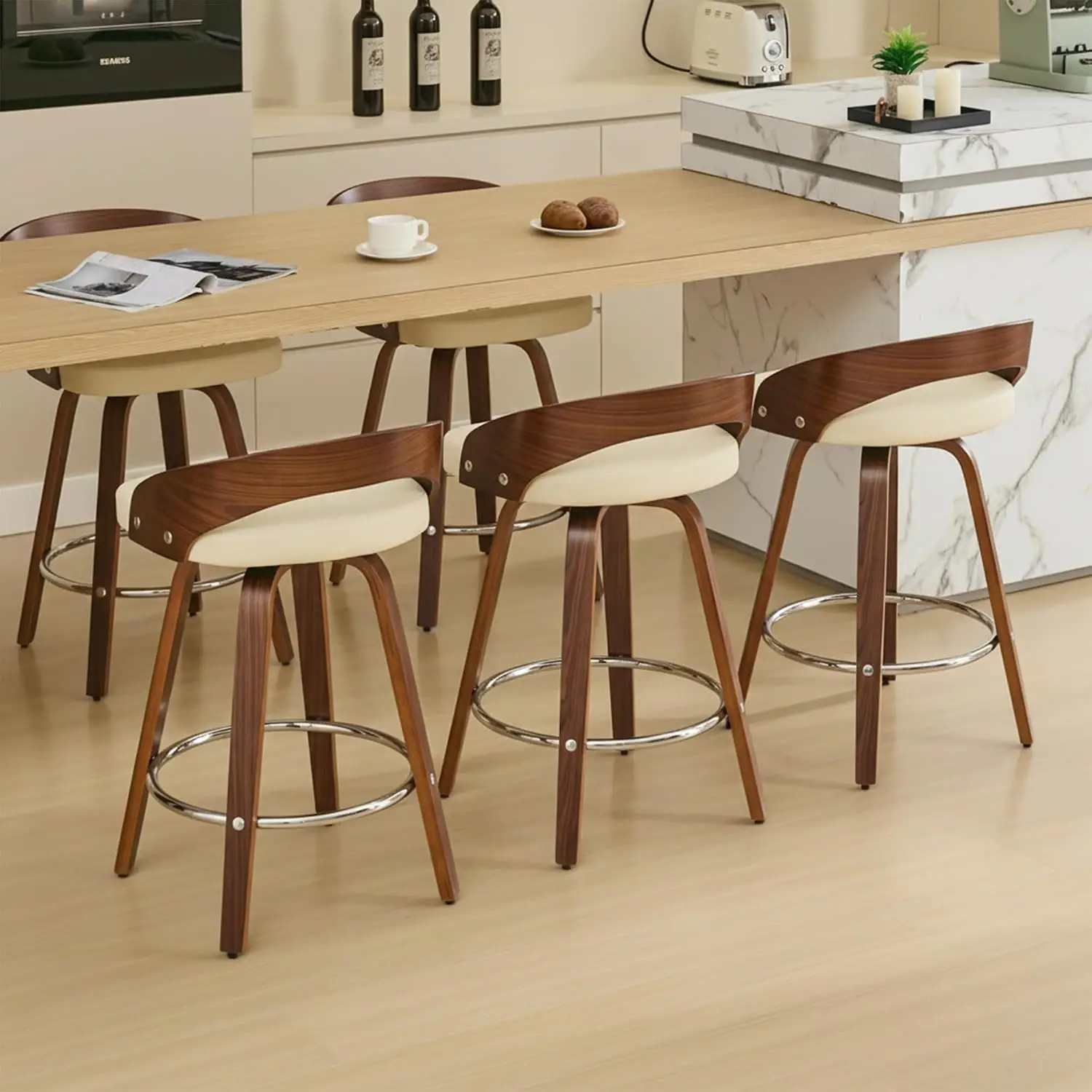 Mid Century Swivel Bar Stools Set of 6, 25" Faux Leather Counter Height Barstools with Walnut Back & Bentwood Legs, Customized