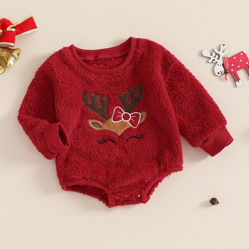 VISgogo Baby Girl Boys Christmas Fleece Bodysuits Elk Embroidered Round Neck Long Sleeve Romper Adorable Fall Winter Clothes