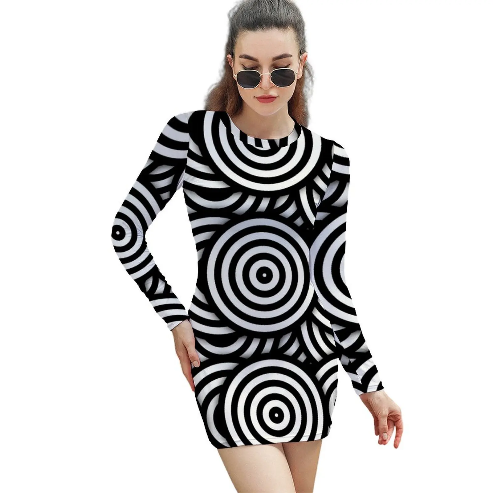 

Retro Black White Circles Op Art Long-Sleeved Sheath Dress dresses ladies 2024 summer Dress woman Long dresses