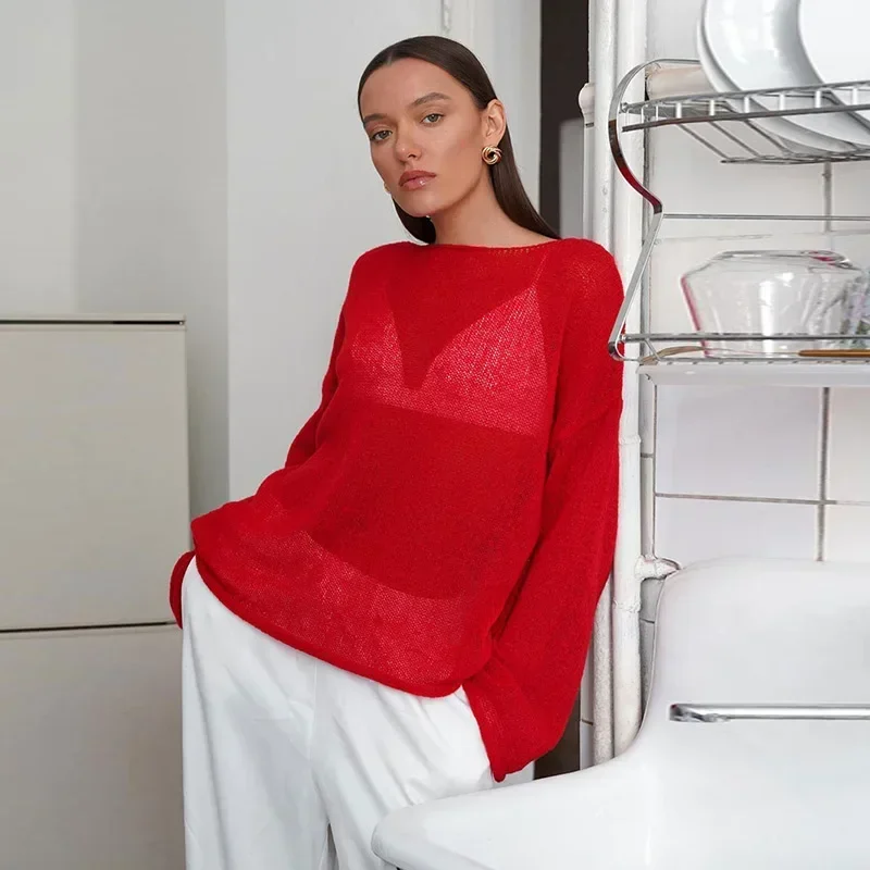 Elegant Knitted Hollow Out Pullovers Women Loose O-neck Long Sleeve See Through Jumper Summer Y2k Chic Lady Beach Sweater