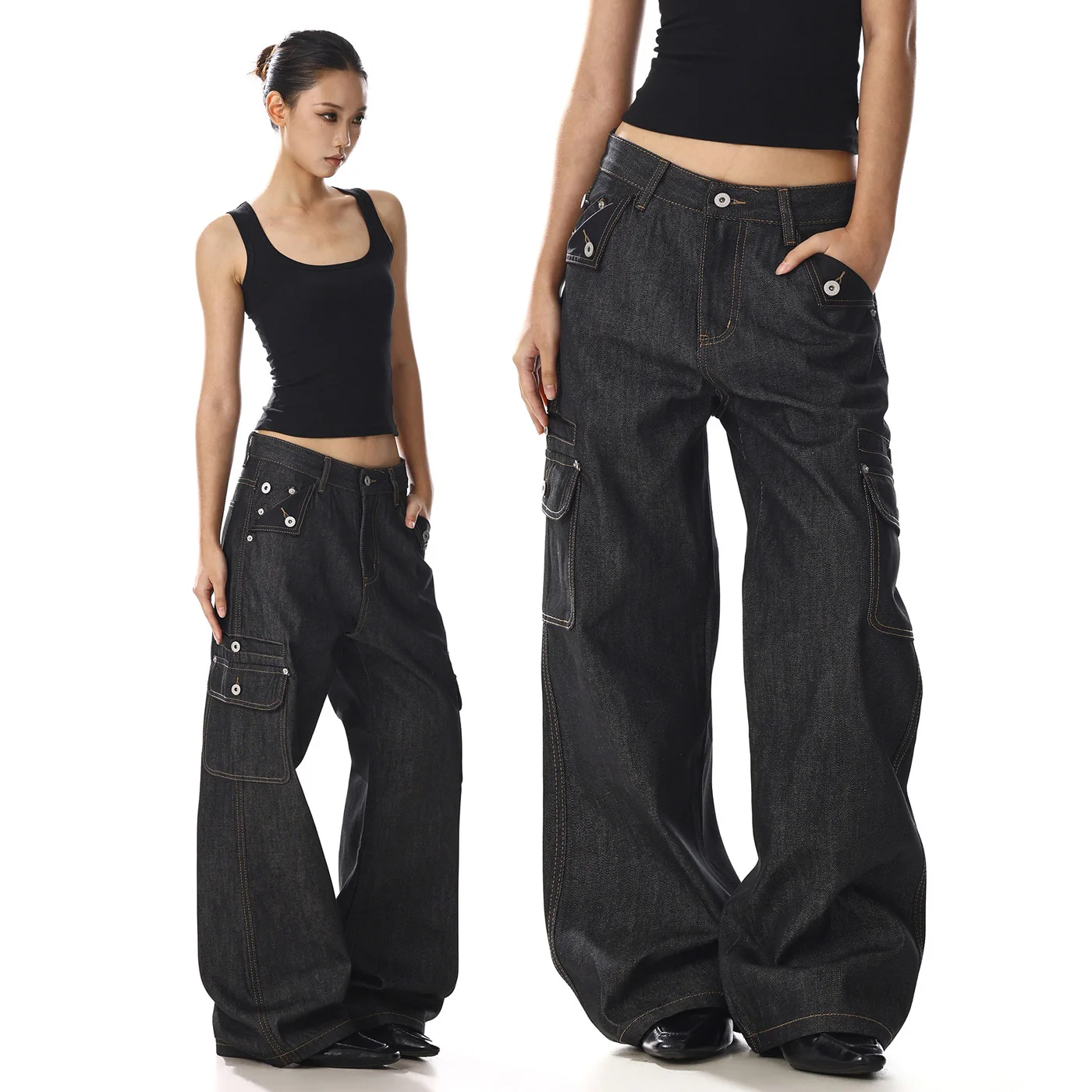 Men High Street Fashion Multi-Pocket Loose Casual Wide Leg Cargo Jeans Women Y2k Streetwear Denim Baggy Jeans Pants Trousers