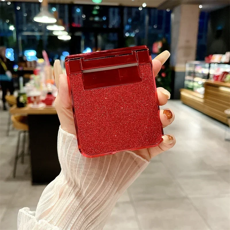Rhinestone Glitter Bling Pu Leather Trim Phone Case For Samsung Galaxy Z Flip 6 5 4 3 5G Hinge Plating Plastic Back Cover
