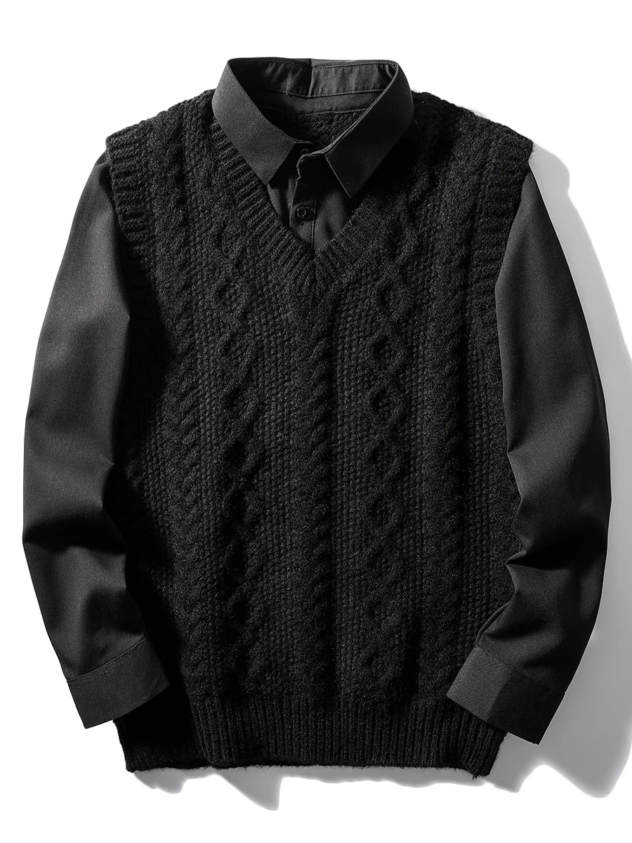 

Мужской свитер большого размера (до 300 фунтов) на осень-зиму, мягкий, пушистый, в стиле ретро, вязаный, с имитацией двухслойности и воротником-рубашкой, американский ретро-стиль, 2 штуки