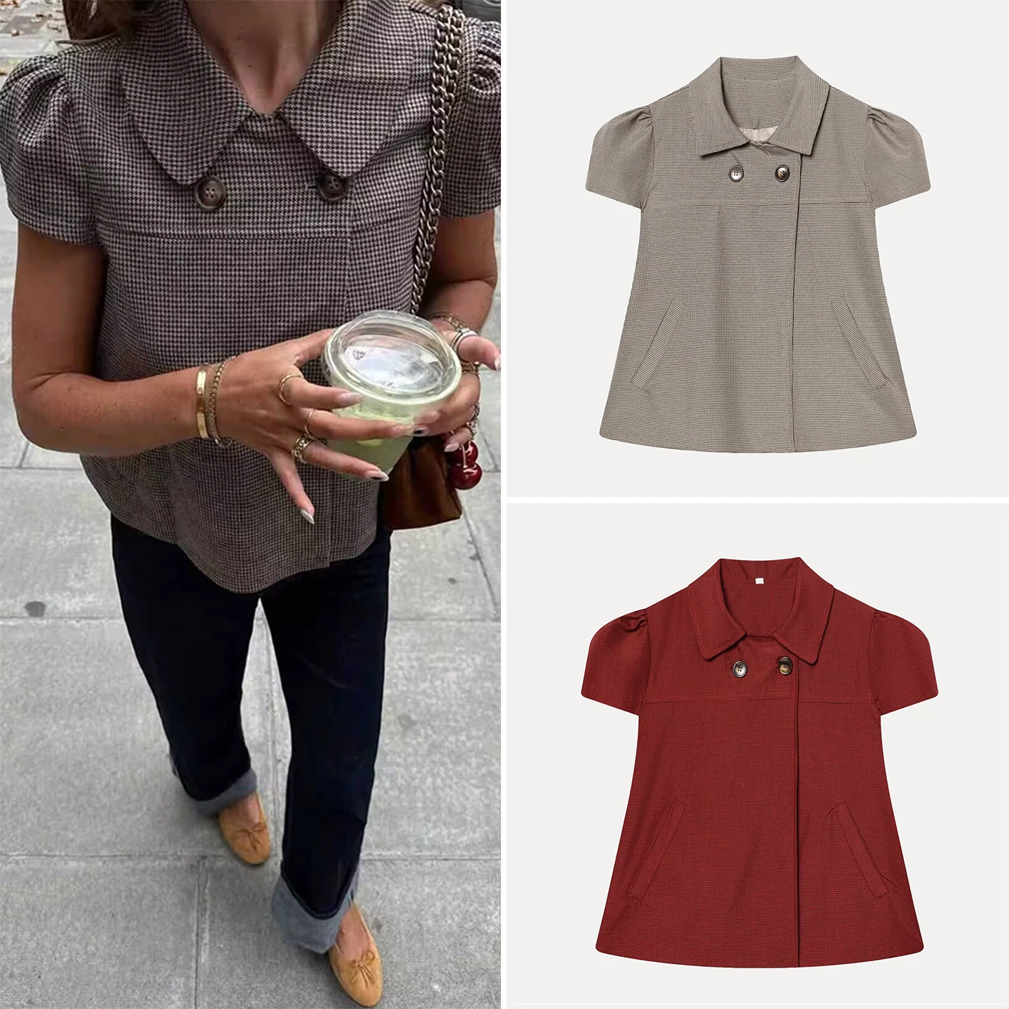 

Women's Fashionable Plaid Shirt Spring 2026 Button up Short Sleeve Turn-down Collar Multi-color Casual Style Bubble Sleeve
