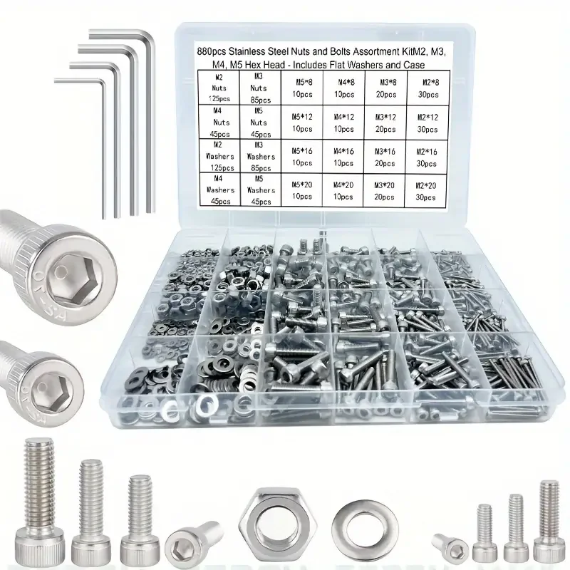 

880pcs Stainless Steel Hex Socket Nut & Bolt Set - Durable, M2/M3/M4/M5 Sizes, Includes Flat Washer, for Secure Fastening / DIY