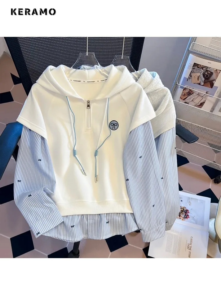 

Casual Y2K Long Sleeve Striped Patchwork Sweatshirts 2025 Winter Women's Young Style Fashion Loose Fit Zipper Hoodies Top