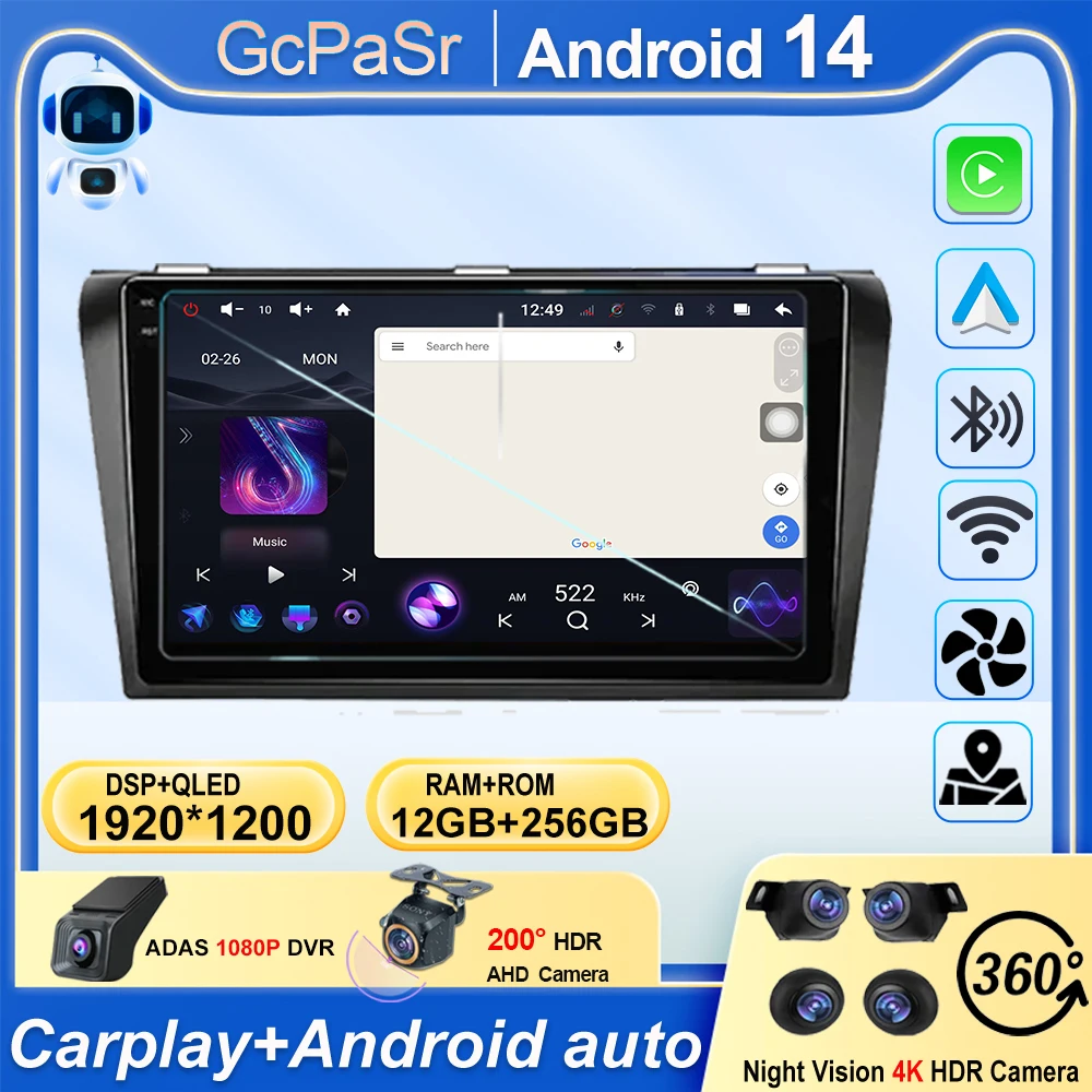 

For Mazda 3 2003-2009 2K QLED Android Car Radio Multimedia Video Player GPS AI Voice 4G CarPlay Head Unit Stereo Android 14