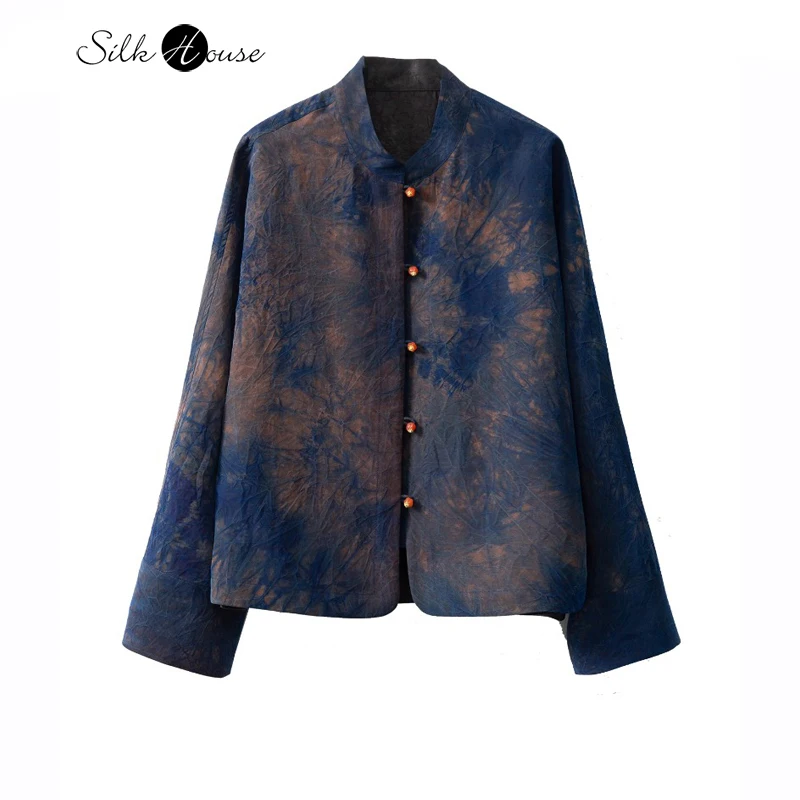 Blue Tie Dye 100% Natural Mulberry Silk Gambiered Guangdong Gauze Chinese Style Standing Collar Long Sleeved Women\'s Jacket