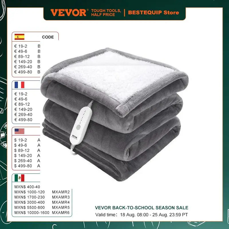 

VEVOR Heated Blanket Electric Throw 4 Sizes Soft Flannel & Sherpa Heating Blanket with 3 Hours Timer Auto-off 5 Heating Levels