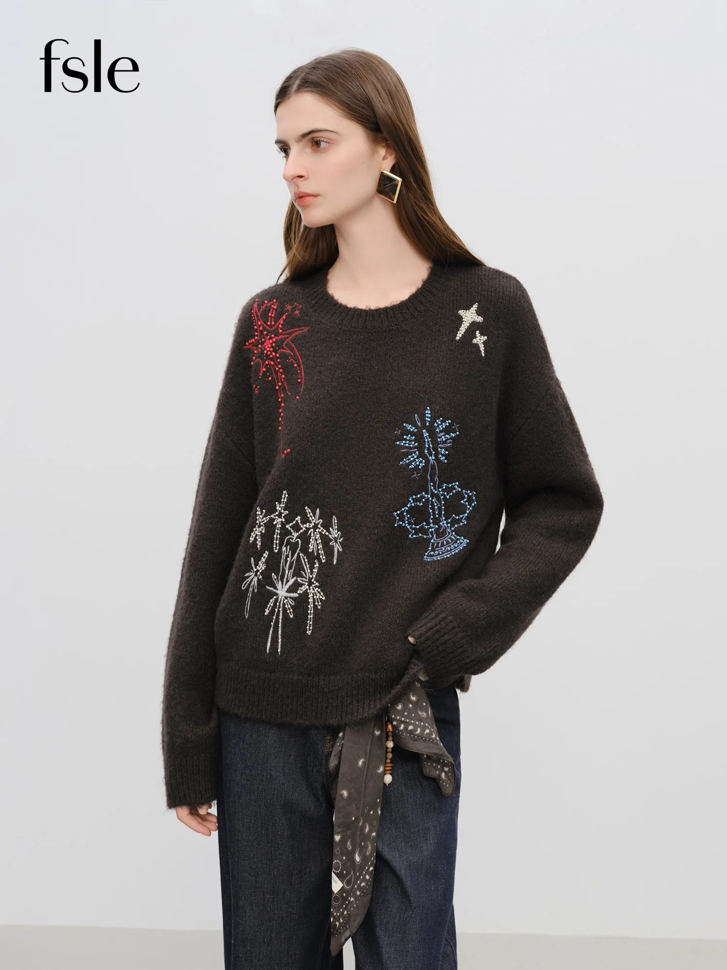 FSLE【Premium Series】2025 Winter Women's Vintage Beaded Embroidery Round Neck Knit Sweater Retro Elegant Rhinestone Knitwear Y2K - Detail 1