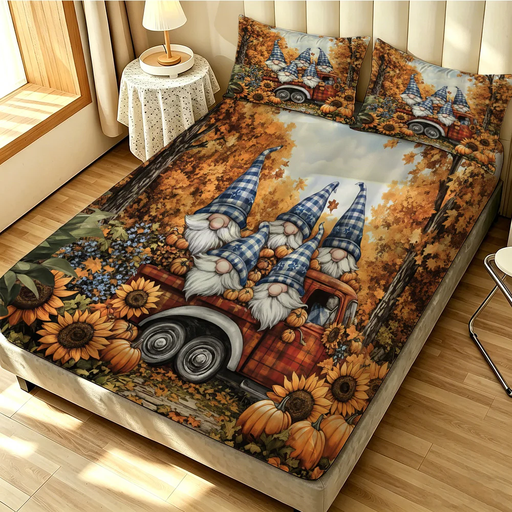 3pcs Autumn Harvest Festival Print Coreless Fitted Sheet Set Multi Size Soft Bed Cover Bedding Decoration Machine Washable