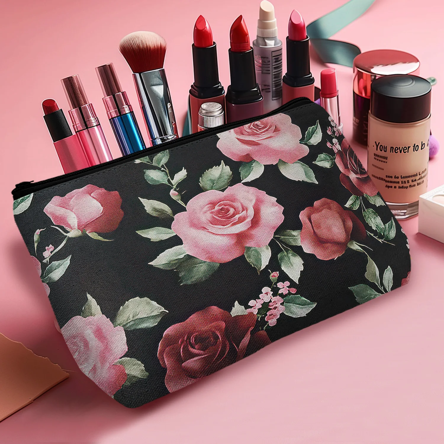 1Pc Red Rose Floral Makeup Bag Flower Cosmetic Bag Pouch With Zipper Toiltry Bag Appreciation Gift For Family Friends