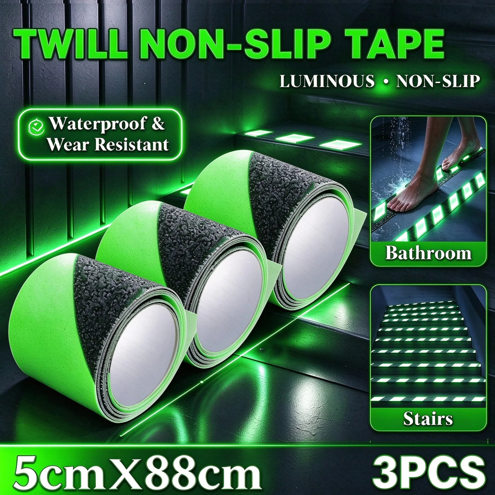 Green Black Indoor and Outdoor Stair Safety Anti-Slip Tape, Gray, Glows in the Dark, 5cm X 5m, Self-Adhesive, Easy to Install