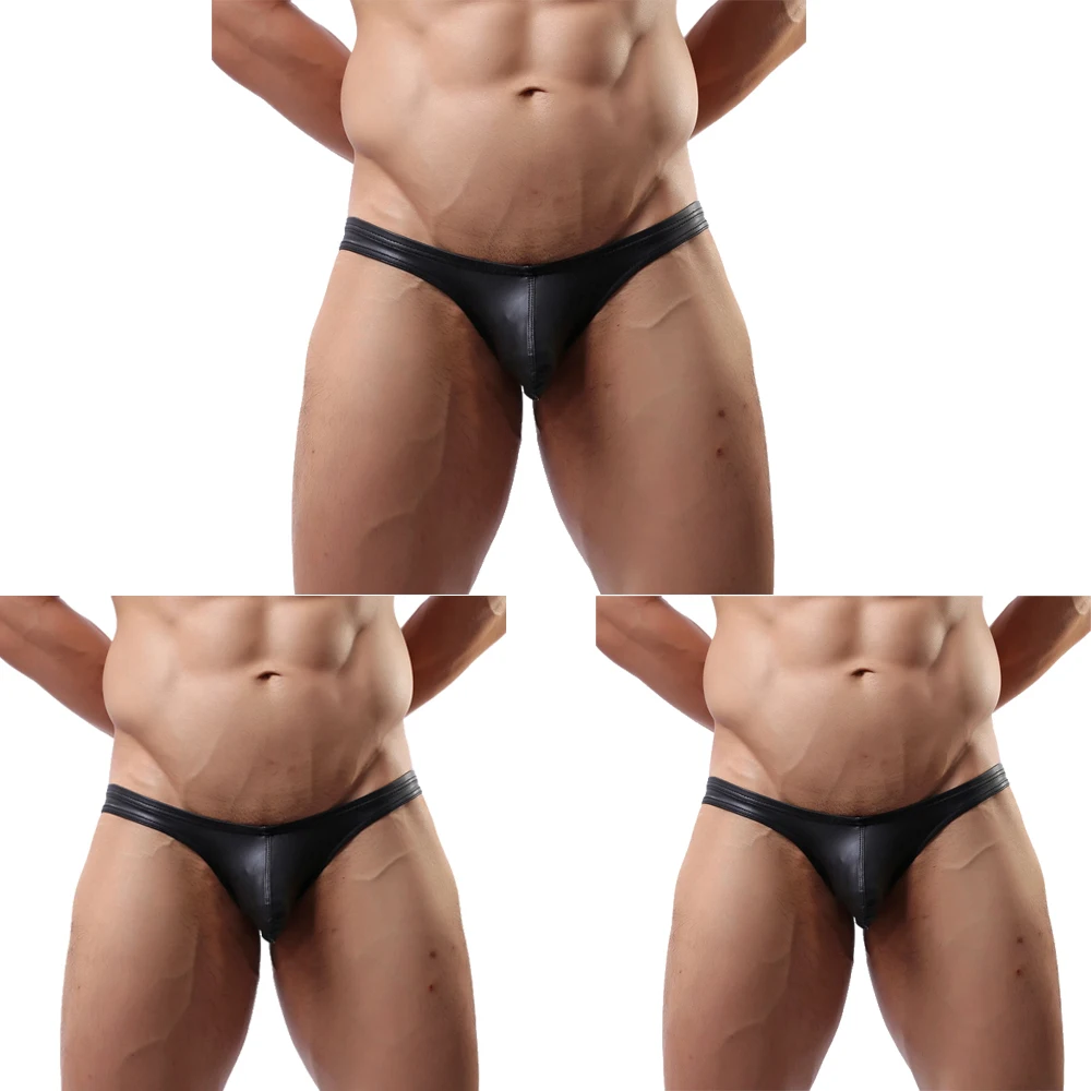 Black Low Waisted Boxer Shorts Briefs PVC Leather Mini Bikini Underpants 3-pack Sexy Men Underwear Wet Look Latex Thong G-trings