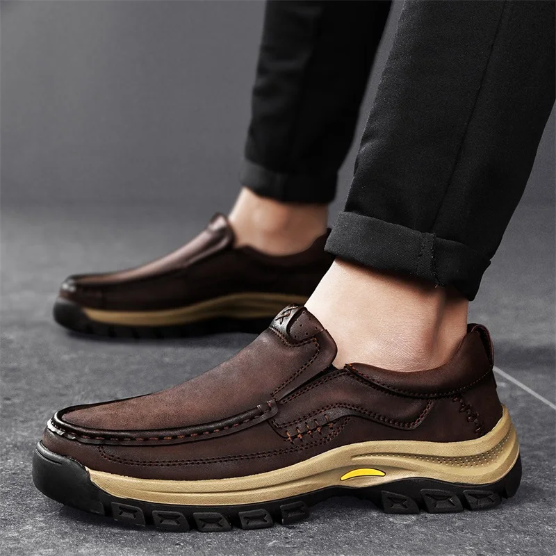 

High Quality Men Leather Shoes Slip on Casual Shoes Wear Resistant Anti Skid Loafers Thick Bottom Dress Footwear All Season Soft