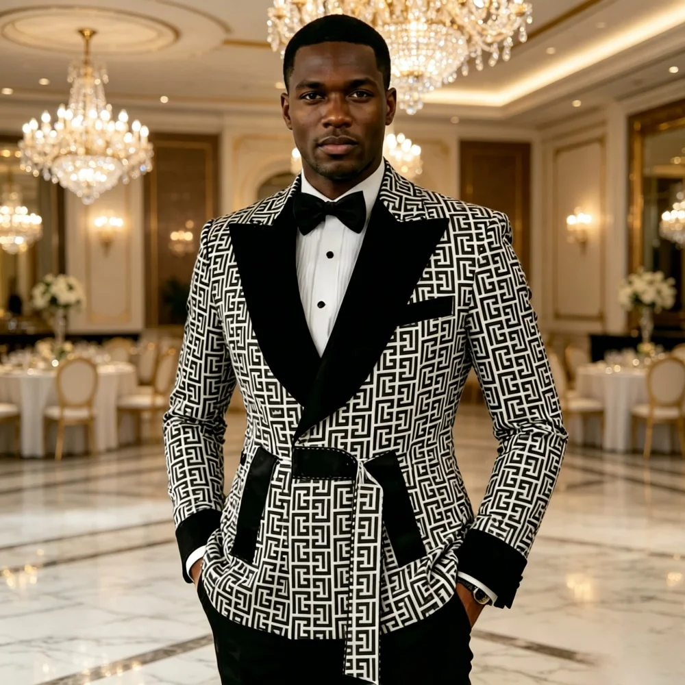 

Double Breasted Plaid Wedding Tuxedo For Men Slim Fit Prom Guest Suits 2 Pieces Elegant Blazer Pants Set Wedding Party Ceremony
