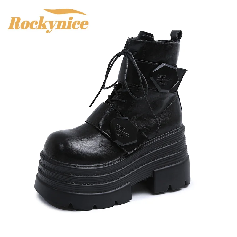 Winter Women Thick Sole Warm Fur Ankle Boots Platform Leather Motorcycle Boots 10.5CM High Heels Plush Chunky Punk Shoes Woman
