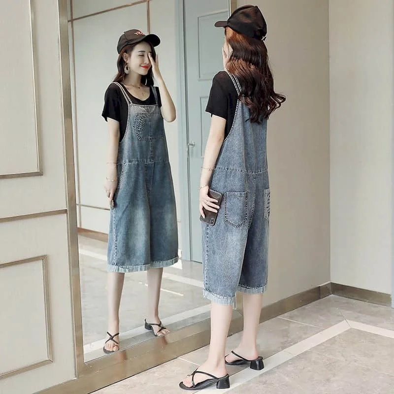 Denim Jumpsuits for Women Casual Playsuits Solid Vintage Printed Pocket Overalls Loose Rompers One Piece Outfits Women Clothing