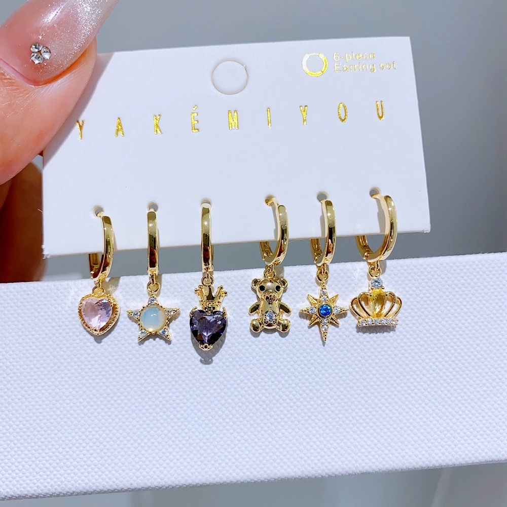 6pcs/set Zircon Stone Lovely Heart Star Bear Huggie Earrings Gold Color Women Girls Ear Stack Jewelry