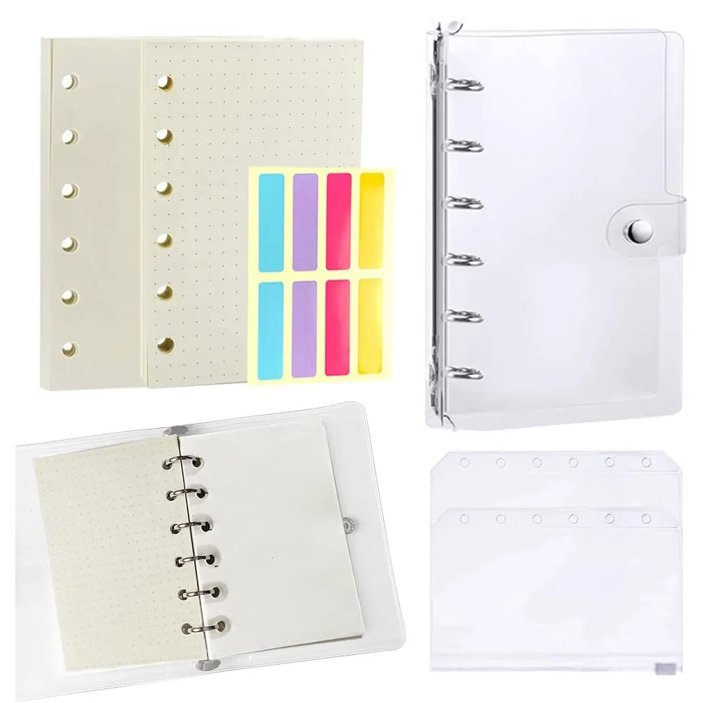 A7 Clear Soft PVC  Refillable Notebook Cover Mini Journal Binder, with 80 Paper Inserts, 2 Zipper Binder Pockets,Label Stickers