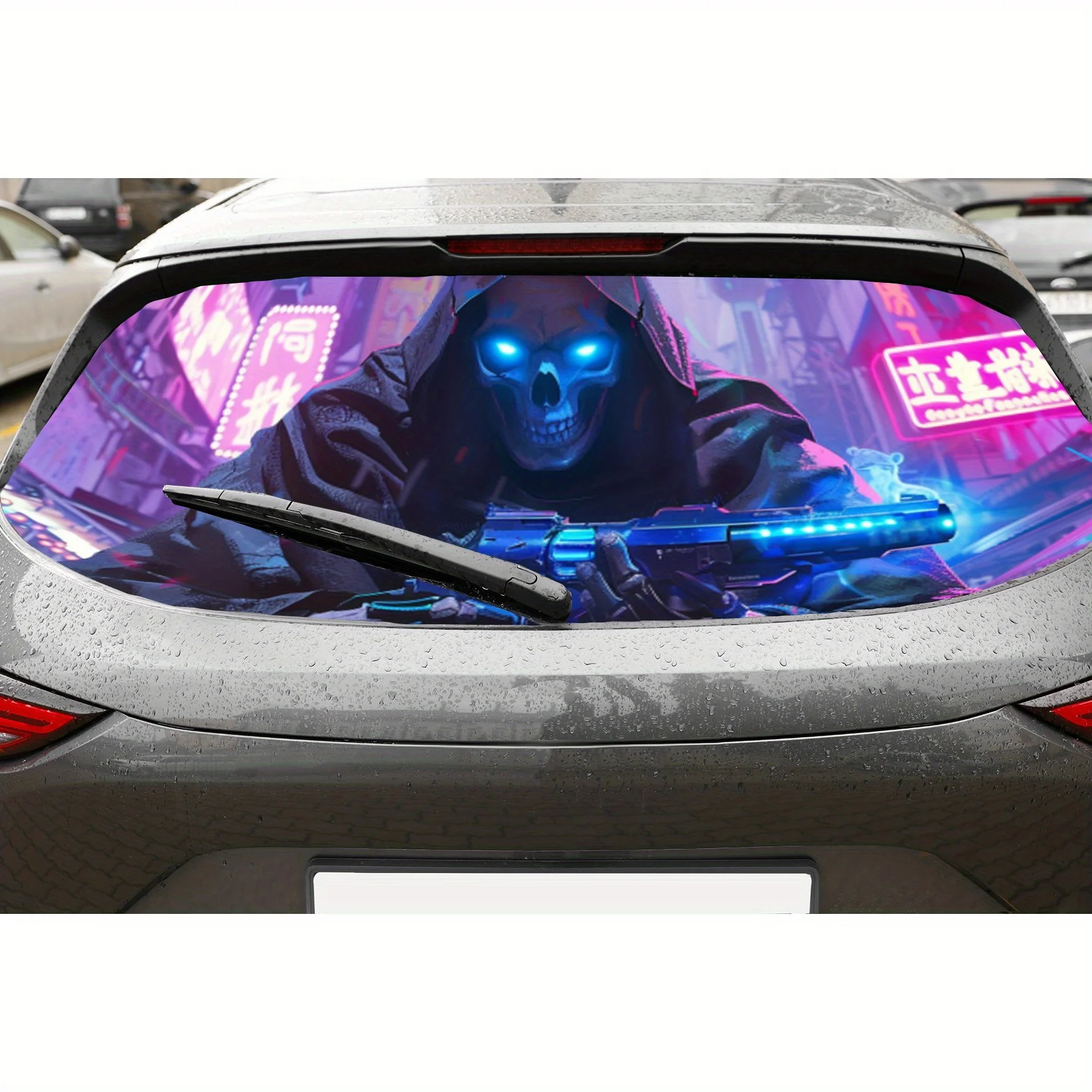 

Cyberpunk Grim Reaper PVC Perforated Car Vinyl Wraps, Durable Car Rear Windshield Sticker, Waterproof Car Rear Window Decal, Pri