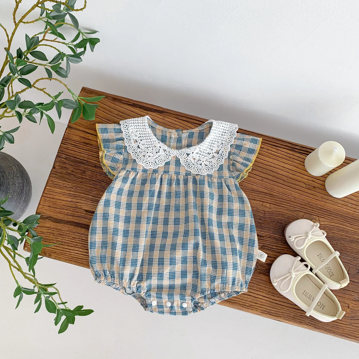 Summer Baby Girls Jumpsuit Lacy Blue Plaid Short Sleeve Infant Bodysuit Baby Clothes 0-24 Months Casual and versatile style