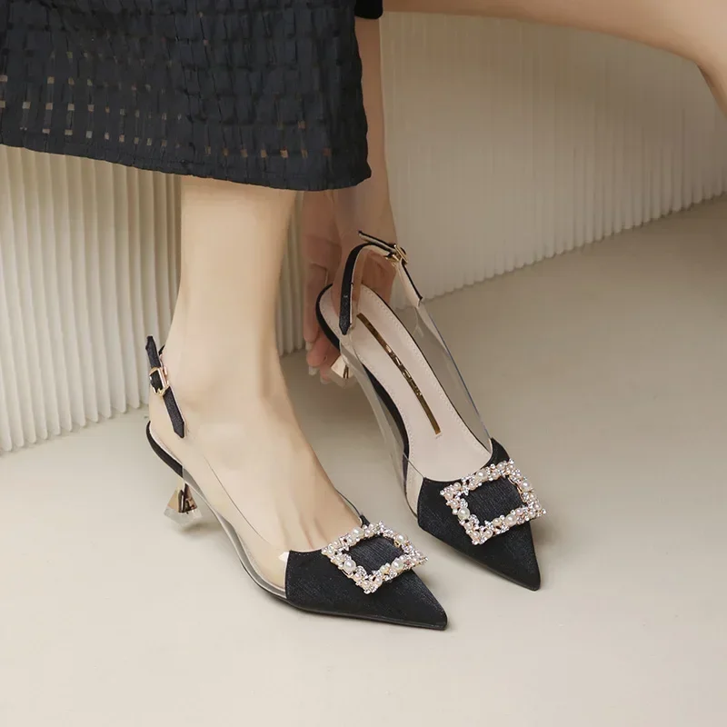 Women's Sandals 2024 Summer New Style Fashion Shoes Black Satin Crystal Strass Pointy Toe Transparent High Heels