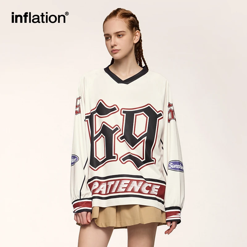 INFLATION Unisex Retro Oversized Sports Tshirts Letter Printed Long-sleeved T-shirt Streetwear Trend Top