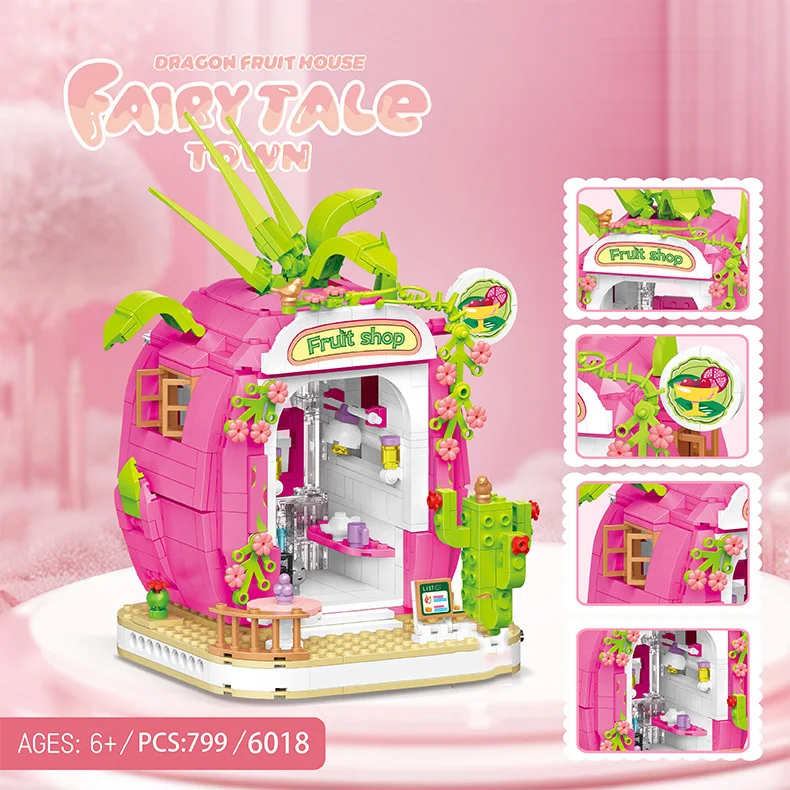 Idea City Street View Town Mini Block Apple Drink House Dragon Fruit Shop Orange Coconut Food Store Build Brick Toy With Light view 4