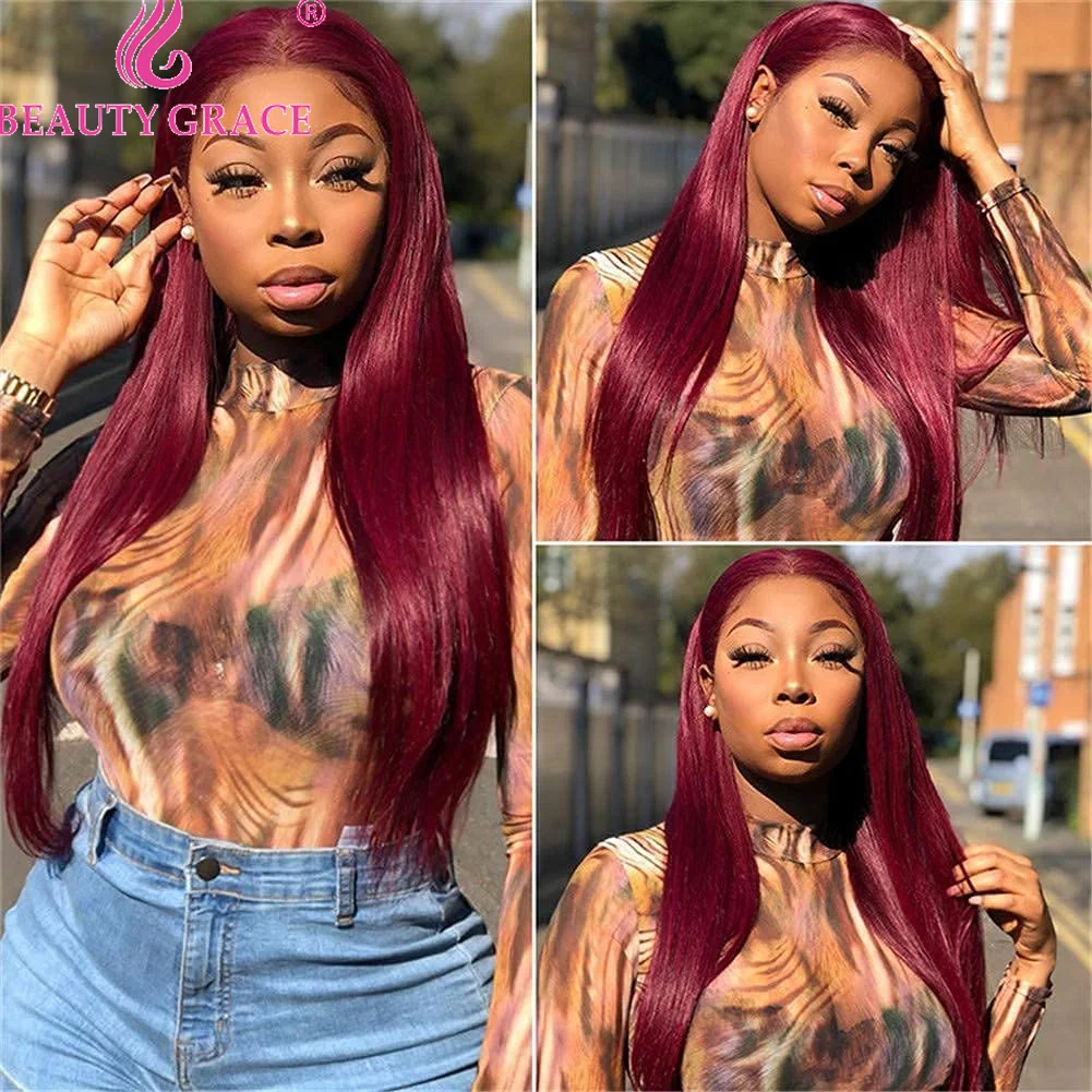 13X4 Straight Lace Frontal Wig HD Transparent 99J Lace Front Human Hair Wigs 34 Inch Lace Frontal Wig PrePluck Human Hair Wig