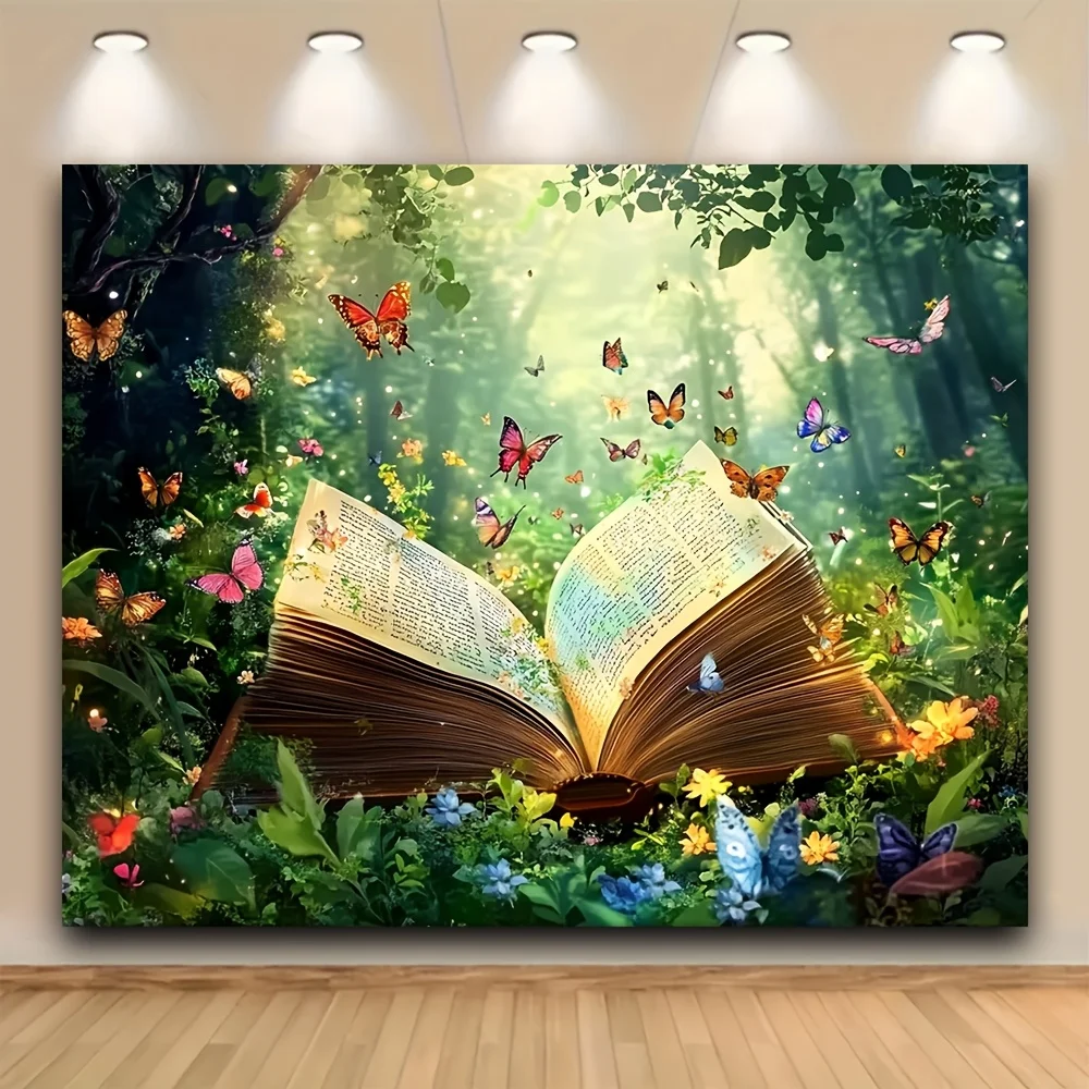 2D Flat 1pc Enchanted Forest Open Book Backdrop Polyester Fabric Magical Butterflies And Flowers Ideal For Fairy Tale Themed Par