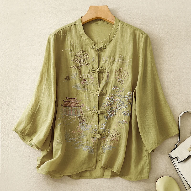 2024 New Arrivals Women Cotton Linen Blouse Loose Design Three Quaters Sleeves Chinese Fashion Embroidery