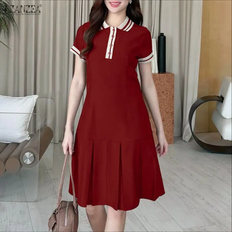 Vestito estivo di moda ZANZEA Donna Manica corta Abiti estivi Risvolto Elegante Patchwork Casual Allentato Camicia al ginocchio Abiti Robe