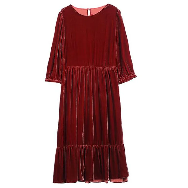 Wiosna kobiety w stylu Vintage wzburzona welurowa sukienka 2024 jesień rękaw trzy czwarte Casual elegancka aksamitna sukienka na imprezę Vestidos robe femme