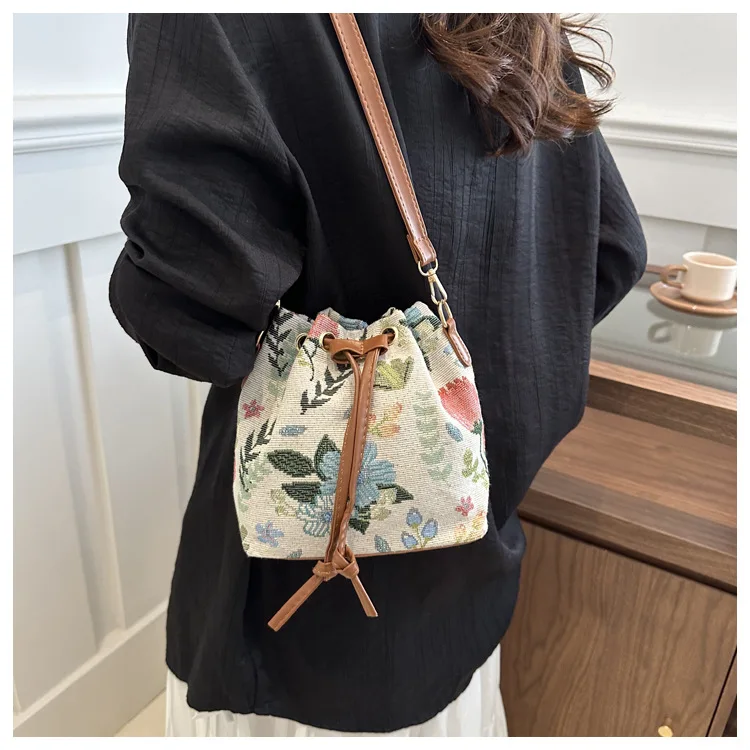 

Женская холщовая сумка, этническая ветровая сумка-ведро, универсальная текстурированная сумка через плечо с карманом для поездок на работу