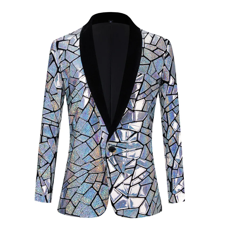 Men's Silver Laser Mirror Blazer Coat Groom Party Suit Jackets Shawl Collar Single Button Nightclub Stage Show Sequins Tuxedo