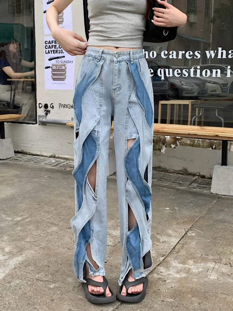 

Fashion Women's Unique Knot Hollow-Out Long Pants Straight Pants Baggy High Waist Zipper Pockets Trousers 2025 Lady Streetwears