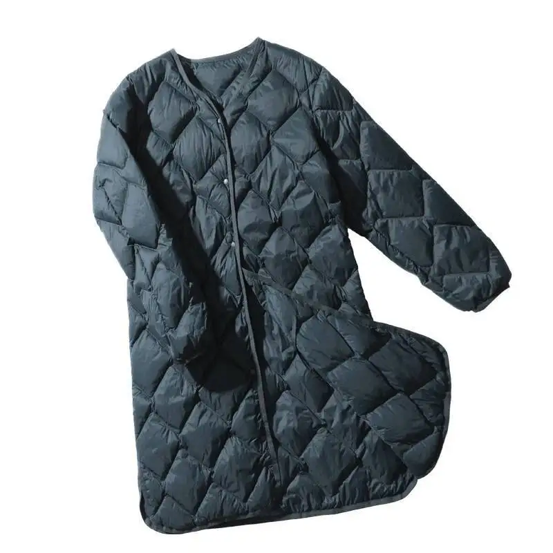 Schinteon Damska Ultralekka Długa Kurtka z Białego Puchu Kaczego, Wzór Argyle, Dekolt w Serek, Codzienna Odzież Wierzchnia na Jesień i Zimę, Nowa Moda 2023