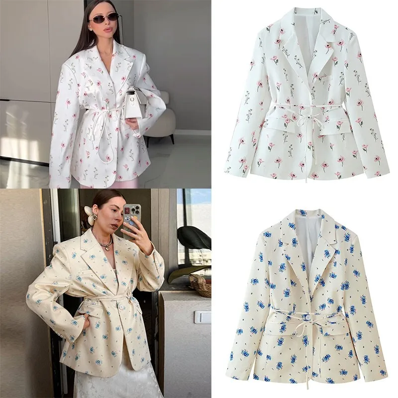 

Elegant Flower Printed Coat Women's Lapel Single Button Long Sleeve Lace Up Blazer 2025 Spring Summer New Female Fashion Outwear