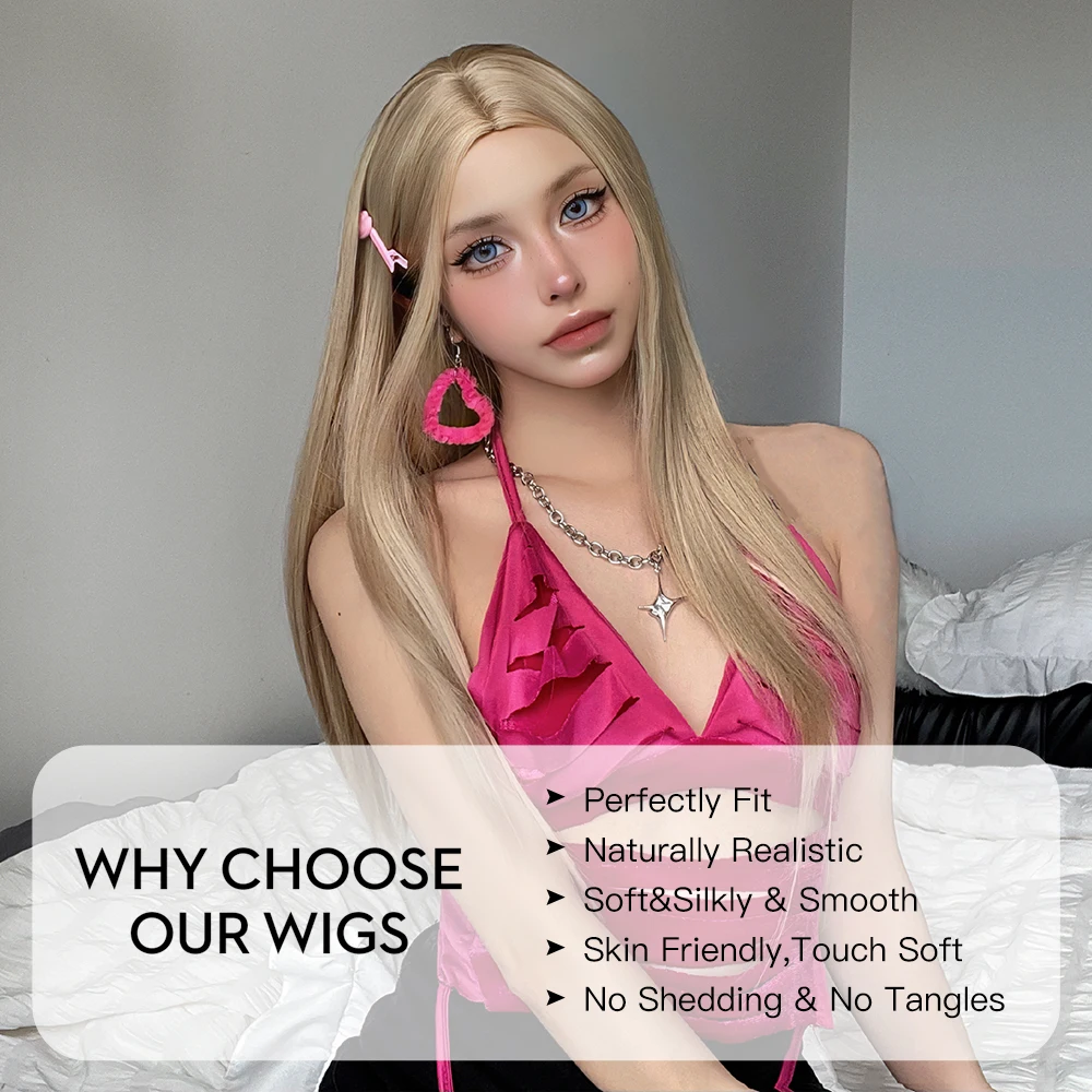 Synthetic Warm Blonde Long Straight Wigs for White Women Middle Part Cosplay Party Daily Natural Hair Heat Resistant Fibre Wig