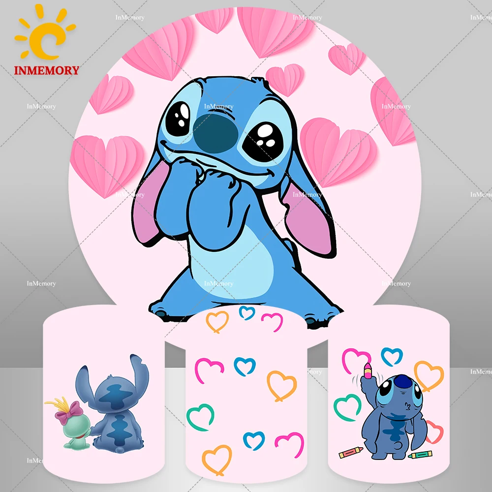 Lilo & Stitch – arrière-plan rond en cercle avec élastique personnalisé, couverture de cylindre de Table à gâteau, décor de fond de fête d'anniversaire, fourniture