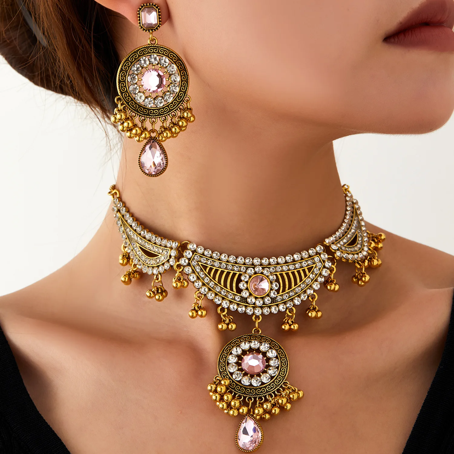 المجوهرات الهندية الرجعية البوهيمي العرقية نمط الفيروز اكسسوارات أنيقة المرأة قلادة أقراط طقم مجوهرات لهدية الحفلات #3